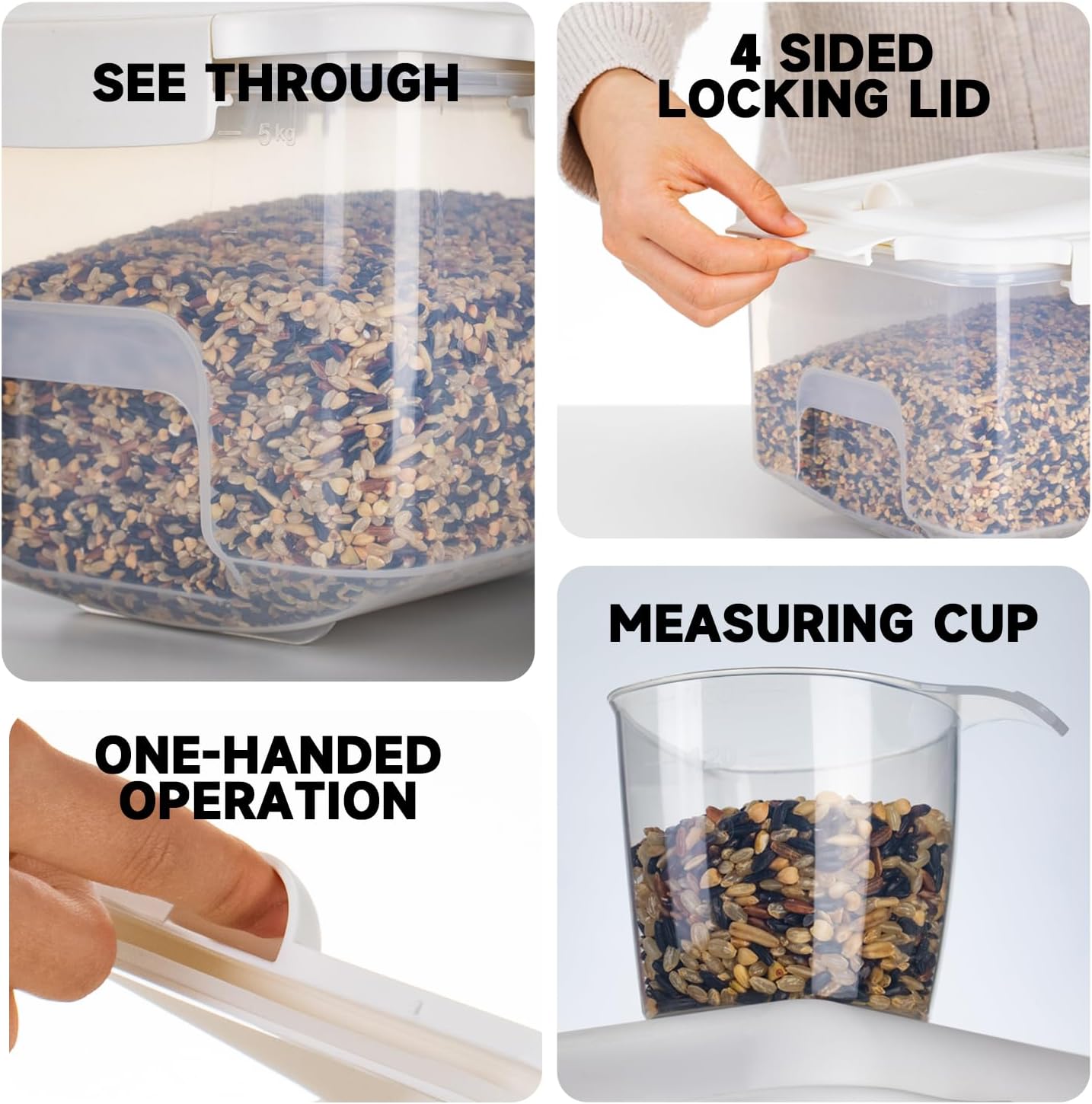 LivLab Mker Rice Storage Container 20 lbs & 10 lbs - 15 lbs & 7.5 lbs Flour Dispenser with Wheel & Measuring Cup, Kitchen Prganizers for Dry Food Storage Container, White