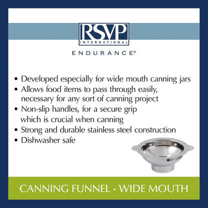 RSVP International Endurance Canning Collection Non-Reactive 18/8 Stainless Steel, Dishwasher Safe, Funnel, Wide Mouth, 2-3/4"