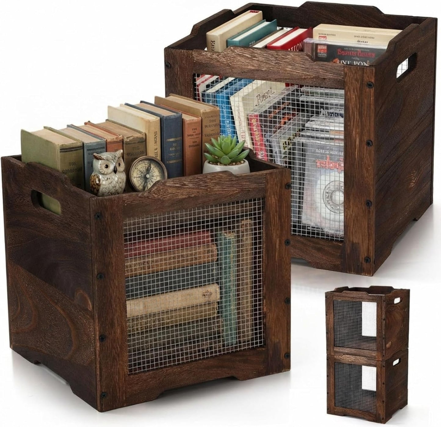 Amyhill 2 Pack Stackable Wood Storage Bins with Metal Wire and Handles 11 x 11 x 11 Inch, Wooden Storage Crate Basket for Shelves Pantry Cube Holder Book Fruit Vegetable Clothes Dark Brown