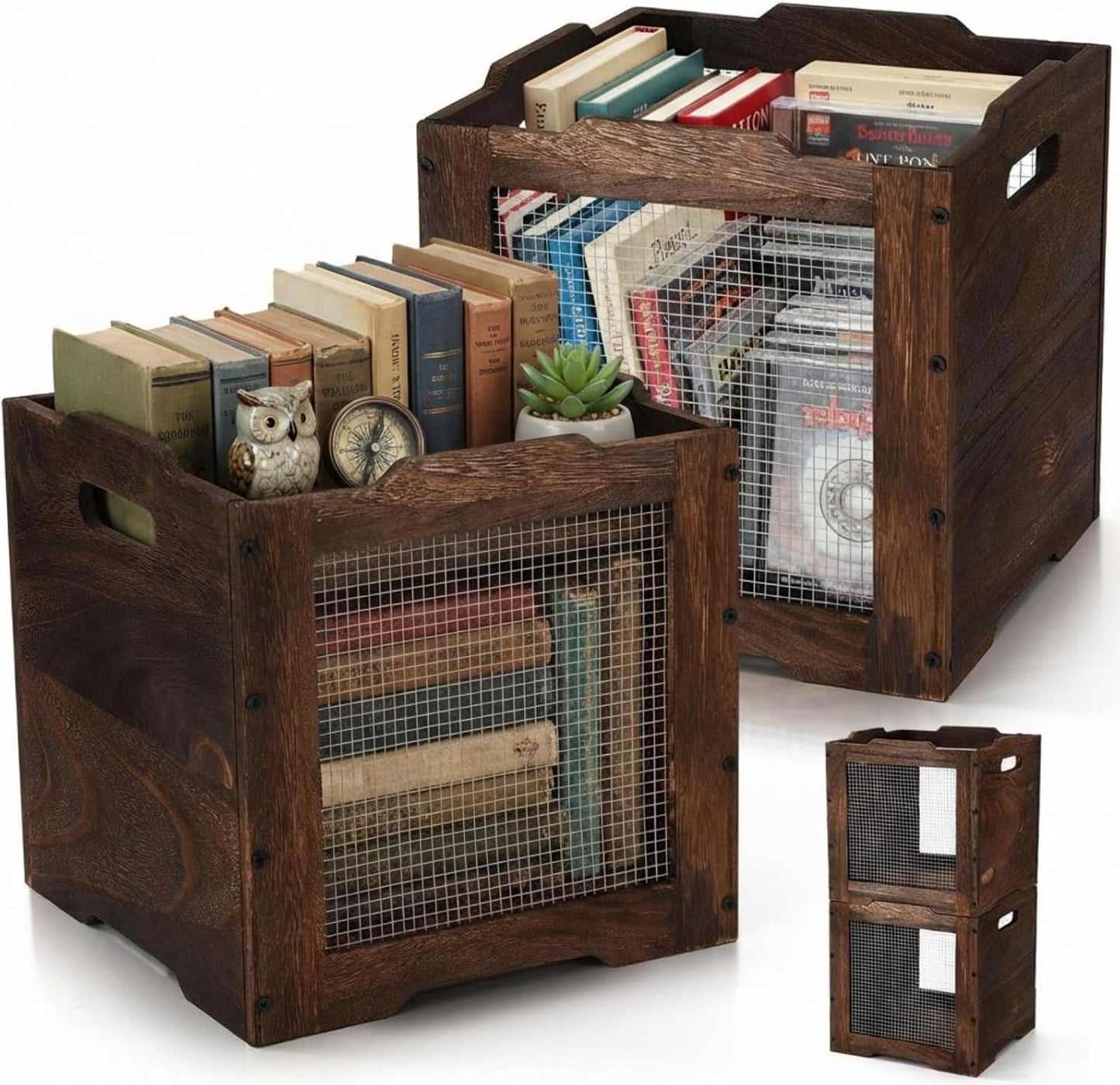 Amyhill 2 Pack Stackable Wood Storage Bins with Metal Wire and Handles 11 x 11 x 11 Inch, Wooden Storage Crate Basket for Shelves Pantry Cube Holder Book Fruit Vegetable Clothes Dark Brown