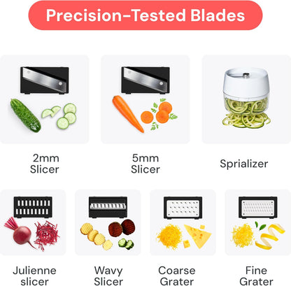 Fullstar Mandoline Slicer for Kitchen, Fruit Cutter, Cheese Grater, Cucumber Slicer, Veggie Spiralizer, Food Cutter & Kitchen Gadgets & Gifts with Safety Glove (11 in 1, White)