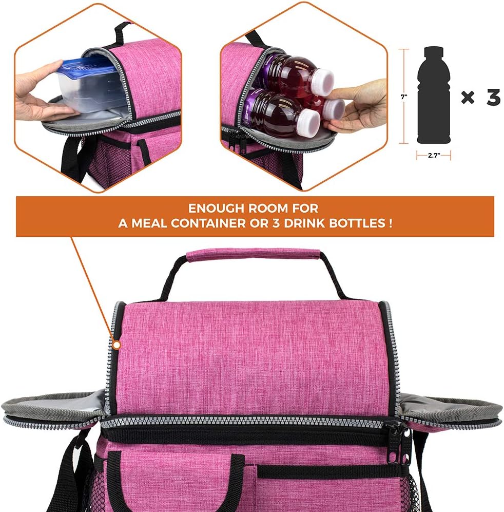 opux Insulated Lunch Bag Women Men, Dual Compartment Leakproof Lunch Box Adults Kids, Double Decker Meal Prep Bento Lunch Cooler Tote with Shoulder Strap for Work Office School Travel, Floral Purple