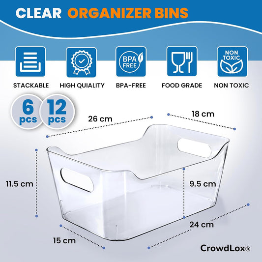6 Pack Clear Plastic Storage Bins with Lids & Labels, Stackable Organizer Containers with Built-In Handles, BPA-Free Pantry Organization Bins for Kitchen