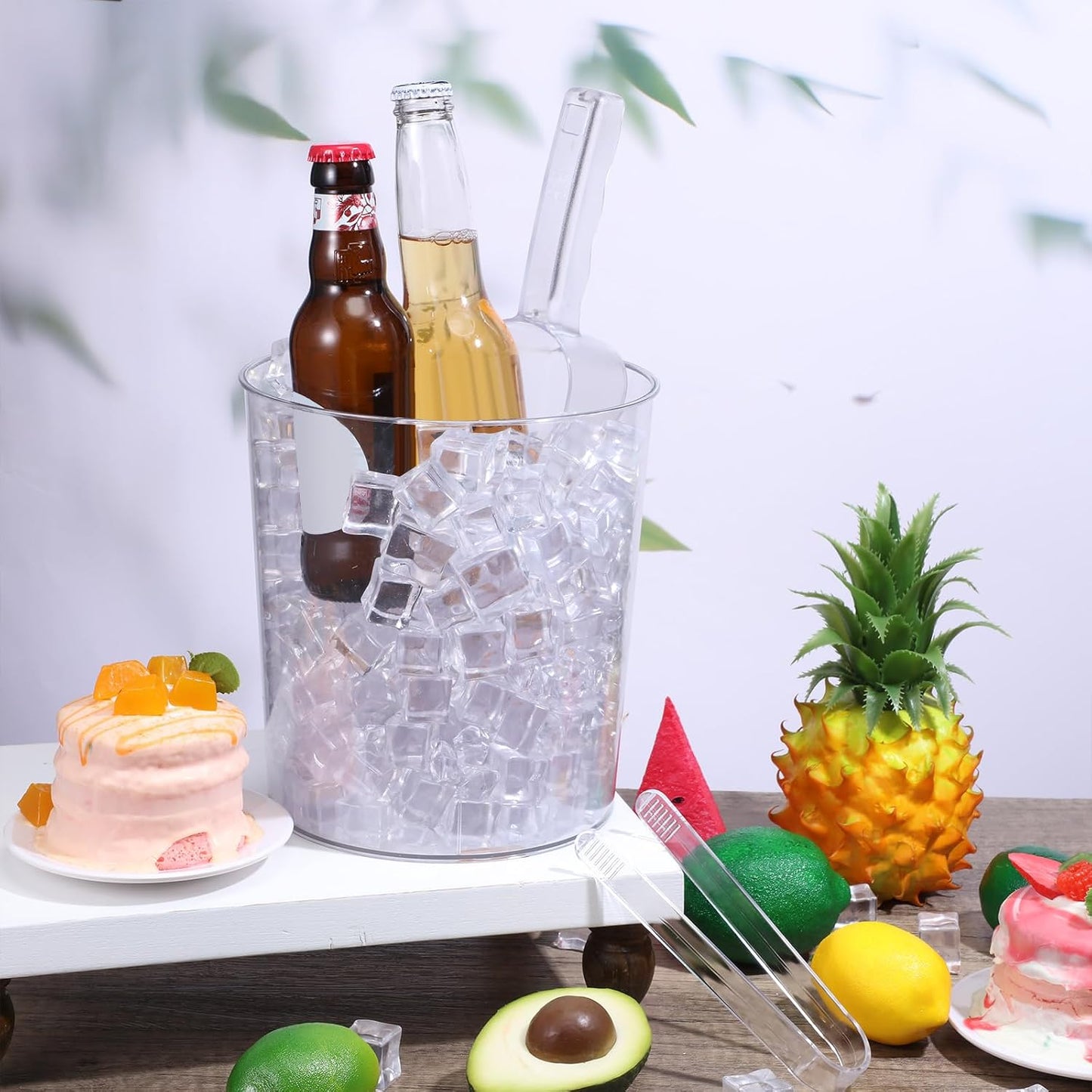 Norme 18 Pcs Plastic Ice Bucket for Parties 5L Clear Wine Bottle Chiller with Handles Round Beverage Tub with Plastic Ice Scoop and Plastic Buffet Serving Tongs Mini Serving Utensil Tongs for Beer