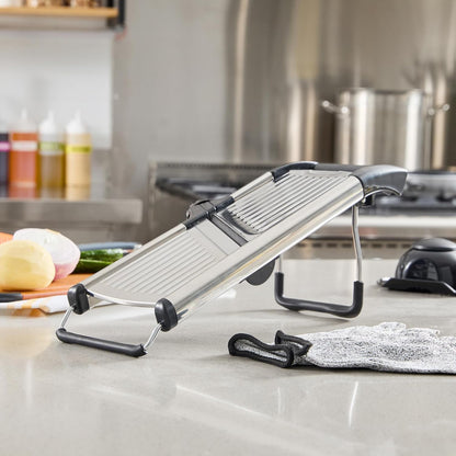 Restaurantware Stainless Steel Adjustable Mandoline Slicer - German Standard Vegetable Slicer with Blade Guard, Includes Cut-Resistant Gloves - Food Slicer for Potato, Onions, Cucumbers, Tomato