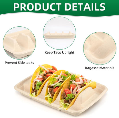 Disposable Taco Holders for Party - Bagasse Pulp Fiber Plates With 3 Dividers for Gathering, Fiesta Tray, Recyclable for Taco Tuesday Lazy Susan Bar (50PCS)