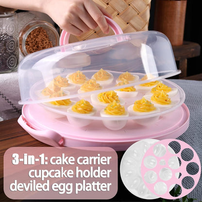 HANSGO Cake Carrier, Round Cupcake Holder Devil Egg Tray with Lid Handle 3-in-1 Cupcake Carrier for Cupcake Devil Eggs 10" Cake, Pink