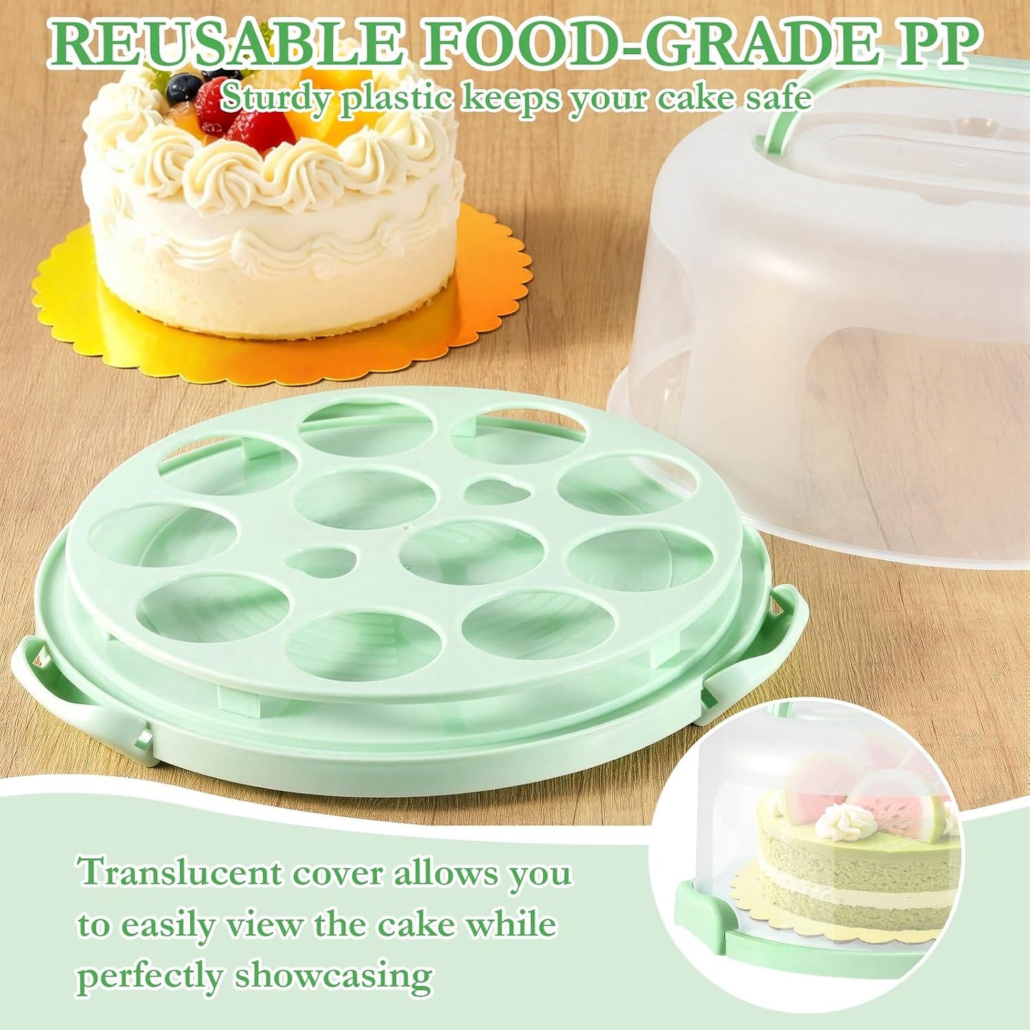 10 Inch Cake Carrier with Lid and Handle, Round Cake Container Cake Cover with 10 Inch Cake Boards & Cupcake Carrier, Portable Cake Holder with Lid for Transport Pie Nuts Fruit, Green