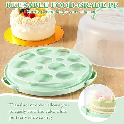 10 Inch Cake Carrier with Lid and Handle, Round Cake Container Cake Cover with 10 Inch Cake Boards & Cupcake Carrier, Portable Cake Holder with Lid for Transport Pie Nuts Fruit, Green