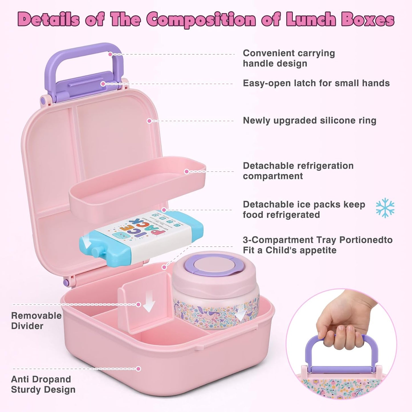 Bento Lunch Box for Kids with 7oz Soup Thermo,Insulated Stainless Steel Kids Water Bottle with Straw and Insulated Lunch Bag,Leak-Proof Lunch Food Container with Ice Pack for School (Purple-Mermaid)
