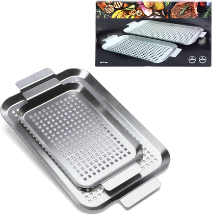 Grill Pan Set of 2, BBQ Grill Topper for Outdoor Grill, Stainless Steel Grilling Baskets with Holes and Handles, Perforated Food Tray Barbecue Accessories for Vegetable, Fish, Meat, Seafood