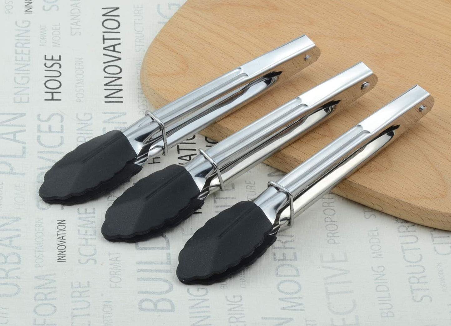 HINMAY Mini Stainless Steel Food Tongs with Silding Rings 7-Inch, Set of 6 | Small Clam Shell Service Tongs for Serving Appetizers, Desserts, Salads, Barbecue and Cooking (Silver)