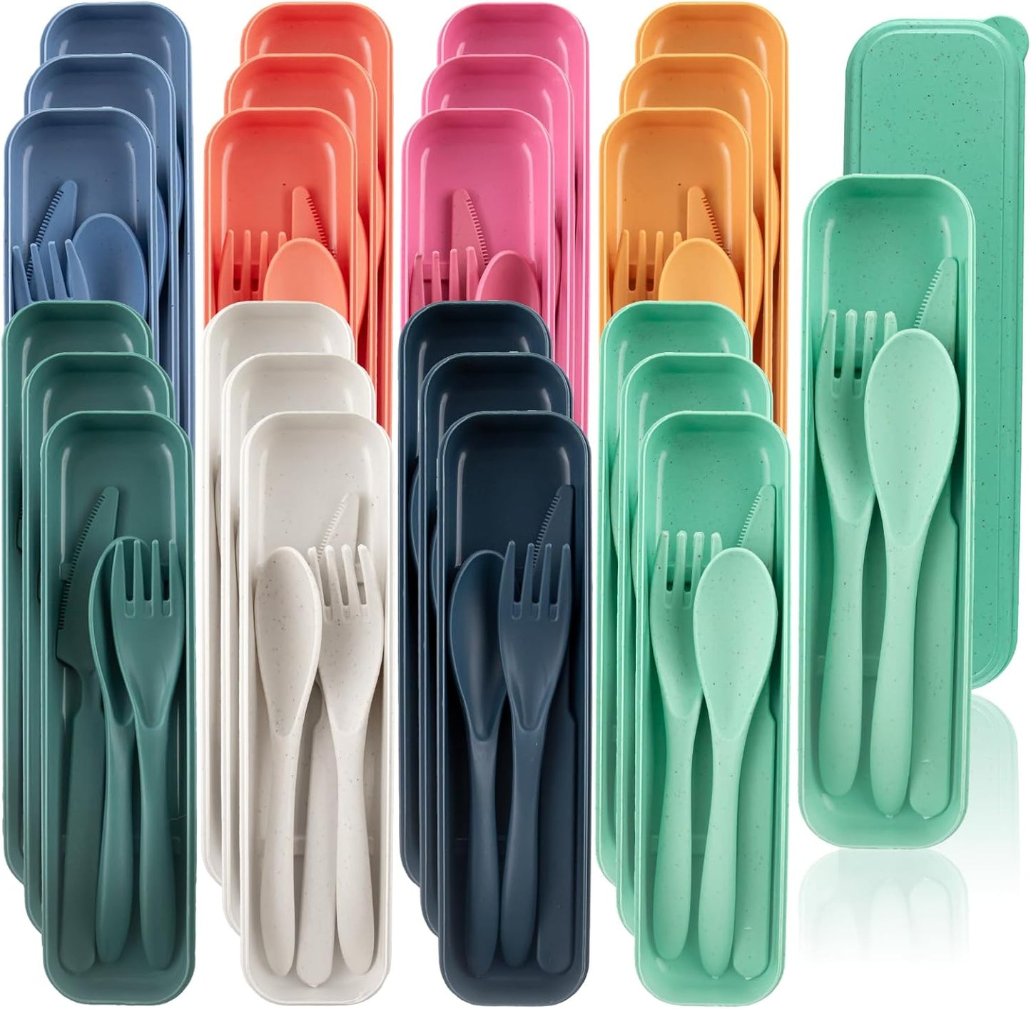24 Sets Reusable Travel Utensils Set with Case, Wheat Straw Portable Knife Fork Spoons Cutlery, Eco-Friendly BPA Free Plastic Tableware for Kids Adults Travel Picnic Camping Utensils (8 Colors)