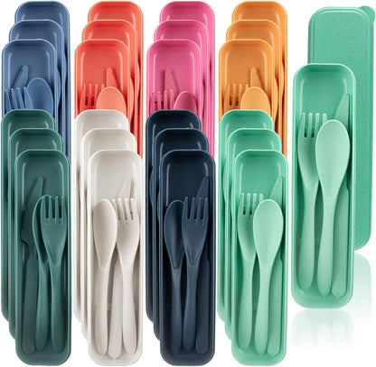 24 Sets Reusable Travel Utensils Set with Case, Wheat Straw Portable Knife Fork Spoons Cutlery, Eco-Friendly BPA Free Plastic Tableware for Kids Adults Travel Picnic Camping Utensils (8 Colors)