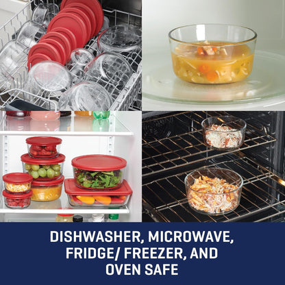 Anchor Hocking 12 Piece Glass Storage Containers with Lids (6 Glass Food Storage Containers & 6 Navy Blue SnugFit Lids)