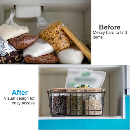 Wire Basket 4 Pcs Wire Storage Baskets Wire Baskets Organizing with Wooden Handles Wire Basket Pantry Organization and Storage Metal Wire Food Storage Basket for Kitchen, Cabinets (Black 4PCS)