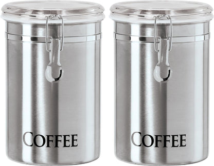 Oggi Stainless Steel Sugar Canister 62 fl oz - Airtight Clamp Lid, Clear See-Thru Top - Ideal Sugar Container for Countertop, Sugar Jar, Bulk Sugar Storage. Large Size 5" x 7.5".