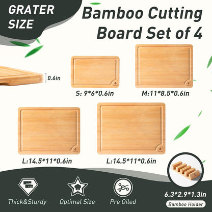 3 Packs Bamboo Cutting Board Set with Non Slip Feet Holder and Over Sink Nice Solid Thick Wood Juice Groove Chopping Board Extra Large Big Small Best Hardwood Kitchen Organic Vegetable Meat BBQ Kit