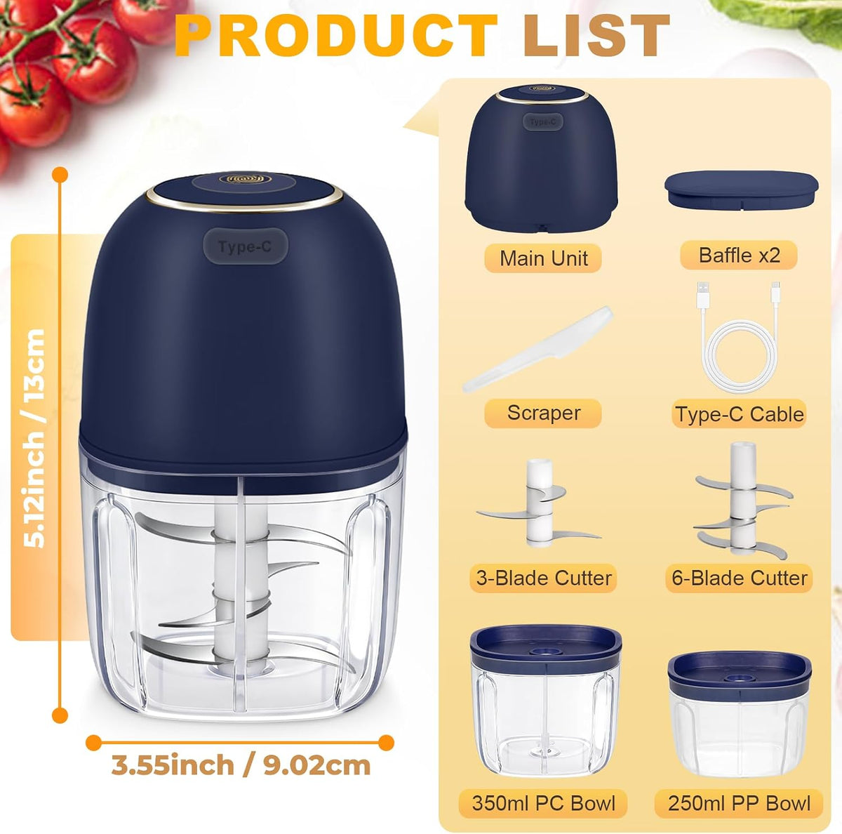 Electric Mini Food Chopper with 2 Plastic Bowls(1Cup&1.5Cup), White