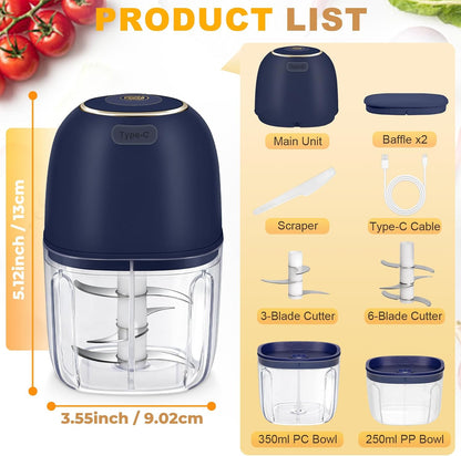 Electric Mini Food Chopper with 2 Plastic Bowls(1Cup&1.5Cup), White