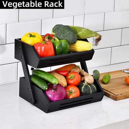 VIKEYHOME Fruit Basket, 2 Tier Bamboo Fruit Basket for Kitchen, 11" Tall Fruit Stand Storage Holder, Heavy Duty/Large Capacity for Vegetables, Fruit, and Snack, 15 mm Thickness (Self-assembly)