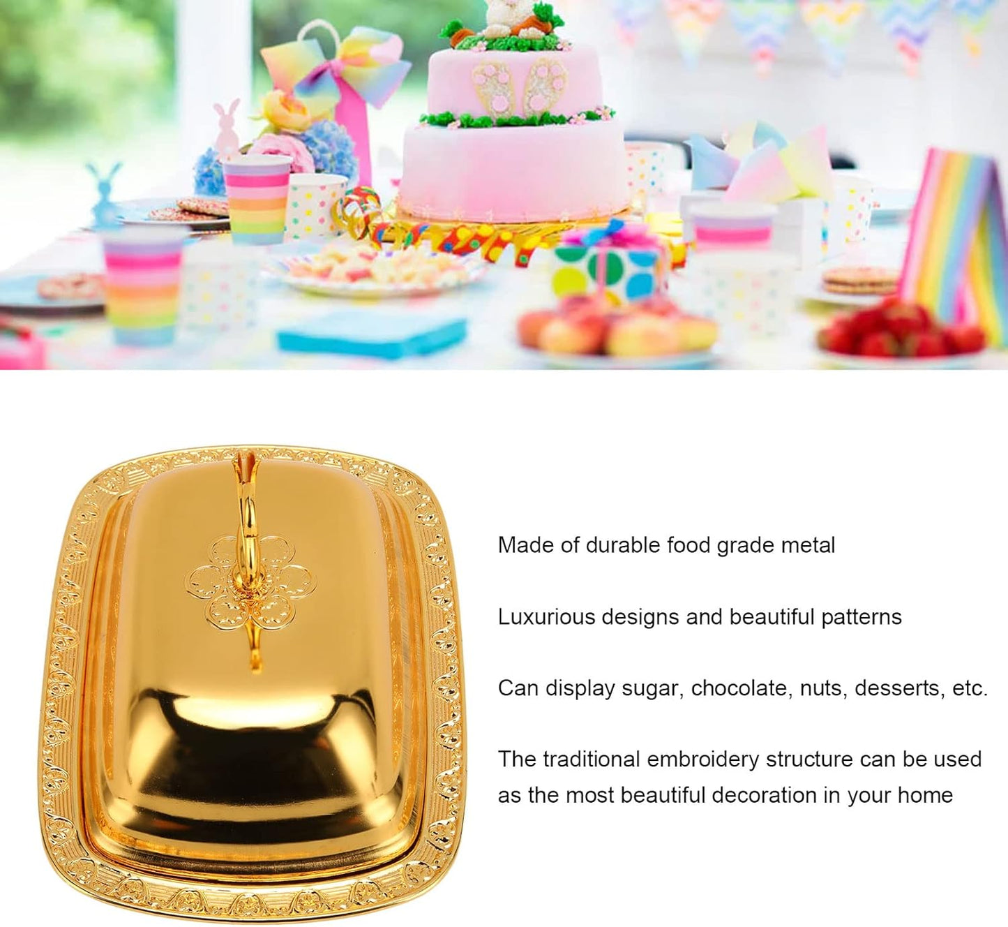 Stainless Steel Serving Tray, 7"x 5" Appetizer Plates with Swan Handle Lid, Fruit Dish Snack Serving Tray Decorative Dessert Platter Candy Holder for Wedding Home Birthday Party (Gold)