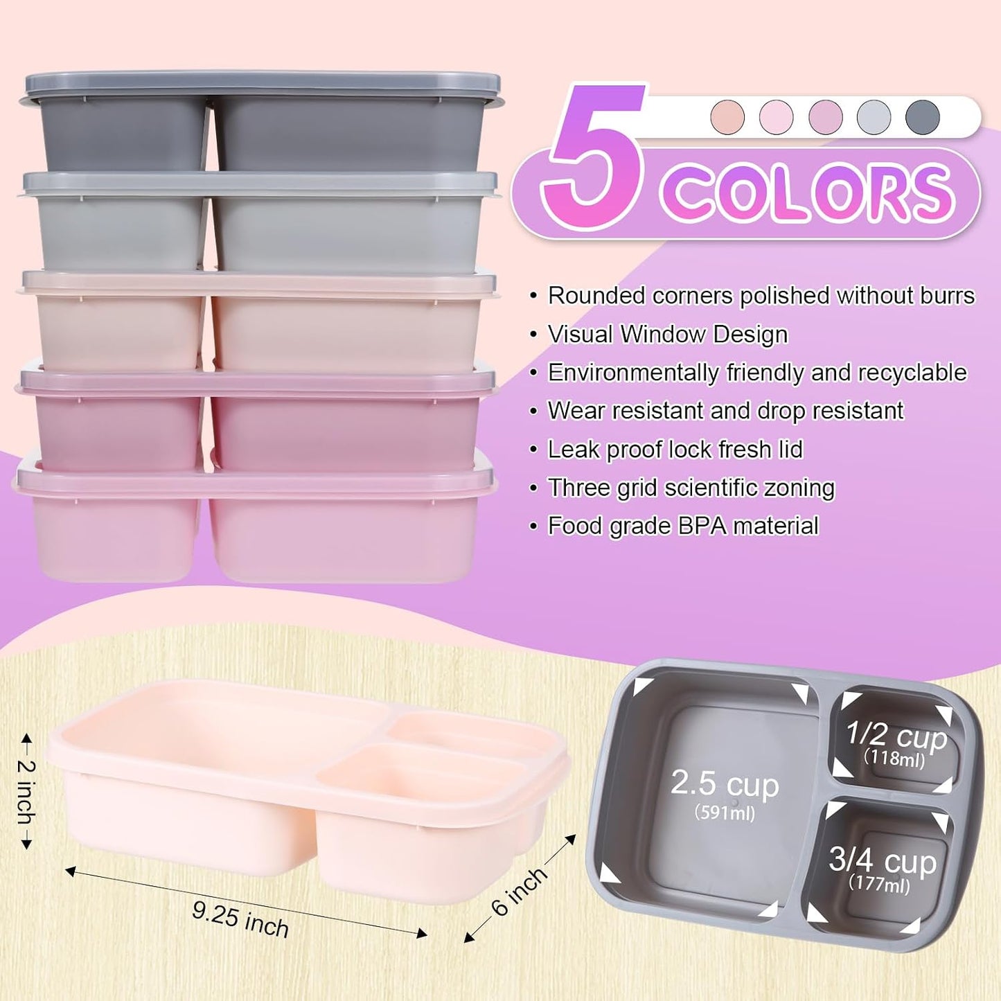 Honeydak 5 Pack Snack Containers 3 Compartment Bento Snack Boxes Divided Meal Prep Containers with Lids Reusable Adults Lunch Food Storage Box for School Work Travel(Elderberry)