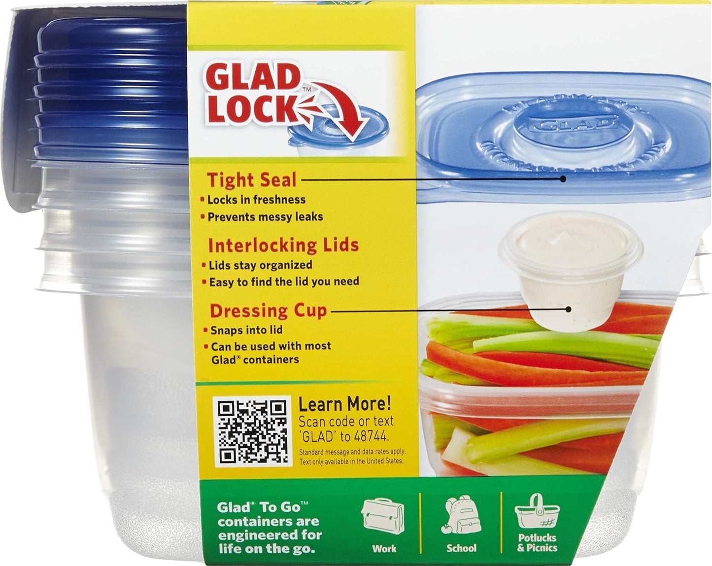 Glad GladWare To Go Snack Food Storage Containers with Lids, Medium Rectangle No BPA Plastic with Built-In Dressing Cup for Salads and Snacks, Microwave Dishwasher Safe, 24 Oz, 4 Count