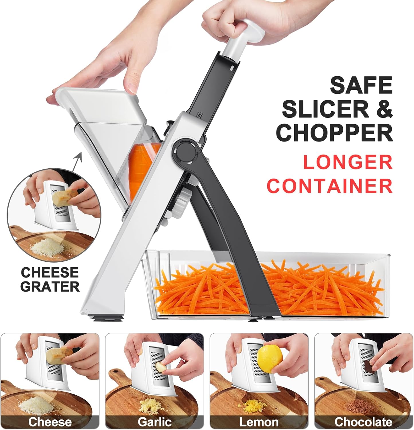 8 in 1 Mandoline Slicer for Kitchen, Vegetable Chopper, Potato Slicer, Fry Cutter Onion Chopper with Drain Basket Food Container with Lid, Stainless Steel Cheese Grater for Quick Meal Pre (Black)