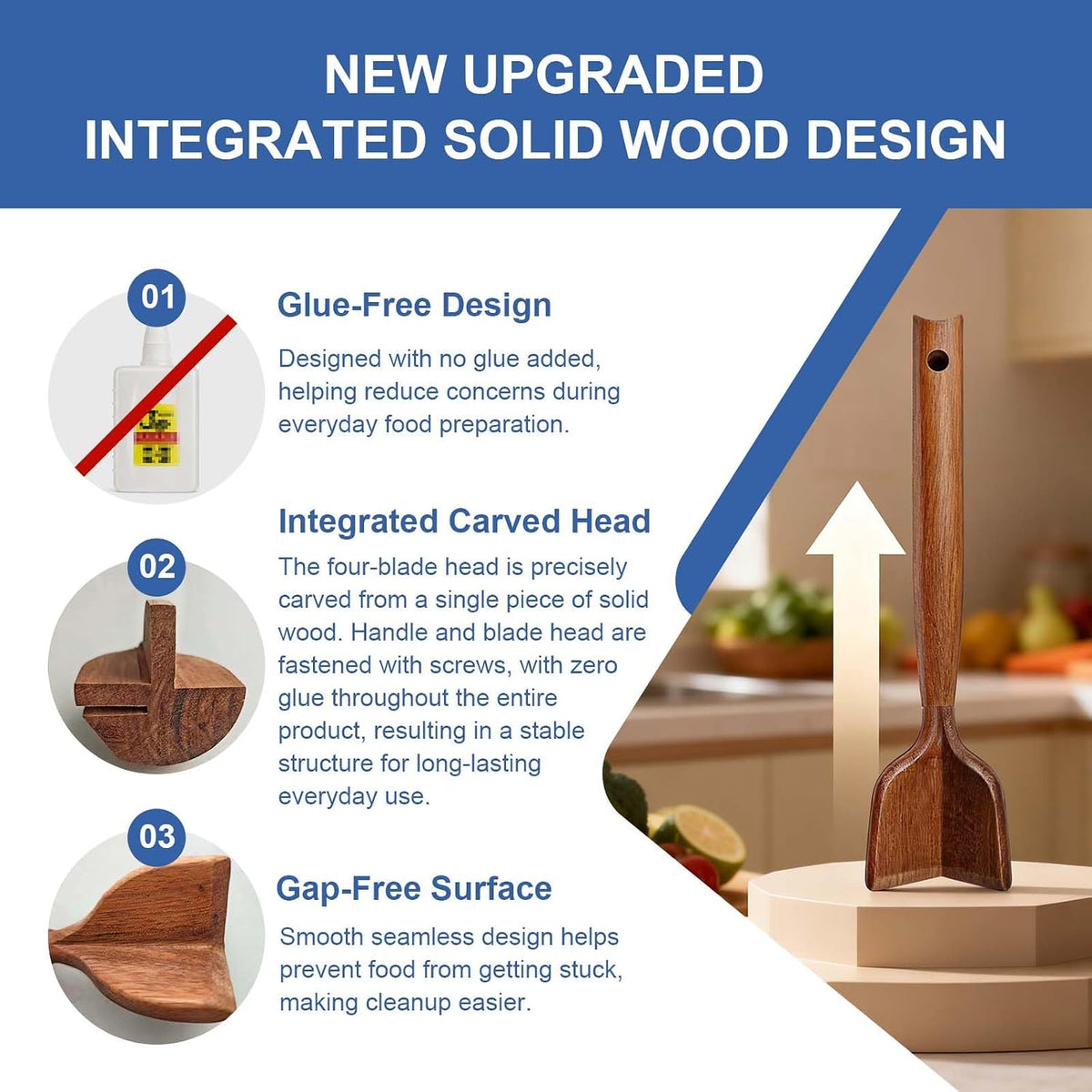 Glue‑Free Wooden Meat Chopper & Spatula Set