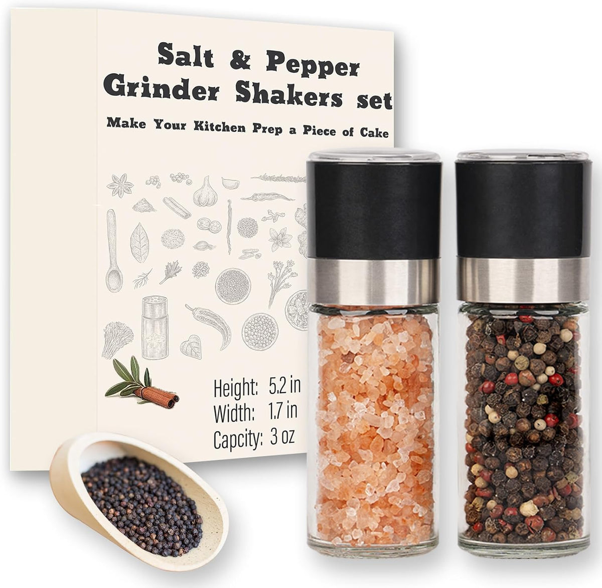 Salt and Pepper Grinder Set, 5.1 oz Refillable Glass Salt and Pepper Mills with Adjustable Ceramic Grinder, Manual Spice Grinder for Kitchen, Cooking and Dining Table (2.5" נ5.1")