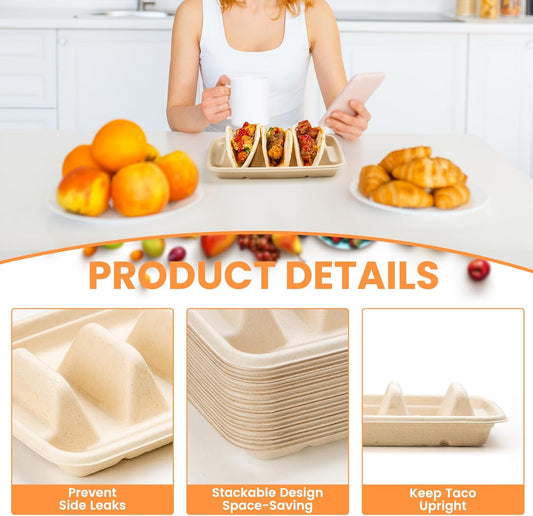 25 PCS Disposable Taco Holders for Party, Bagasse Pulp Fiber Taco Plates with 3 Dividers, Fiesta Taco Tray Holder, Taco Stands for 3 Tacos, Taco Tuesday Lazy Susan Taco Bar Serving Set for Party