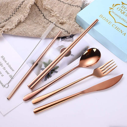 AARAINBOW 6 Pieces 18/8 Stainless Steel Flatware Set Portable Reusable Cutlery Set Travel Utensils Set Including Chopsticks Knife Fork Spoon Straws Cleaning Brush Dishwasher Safe (Green golden)