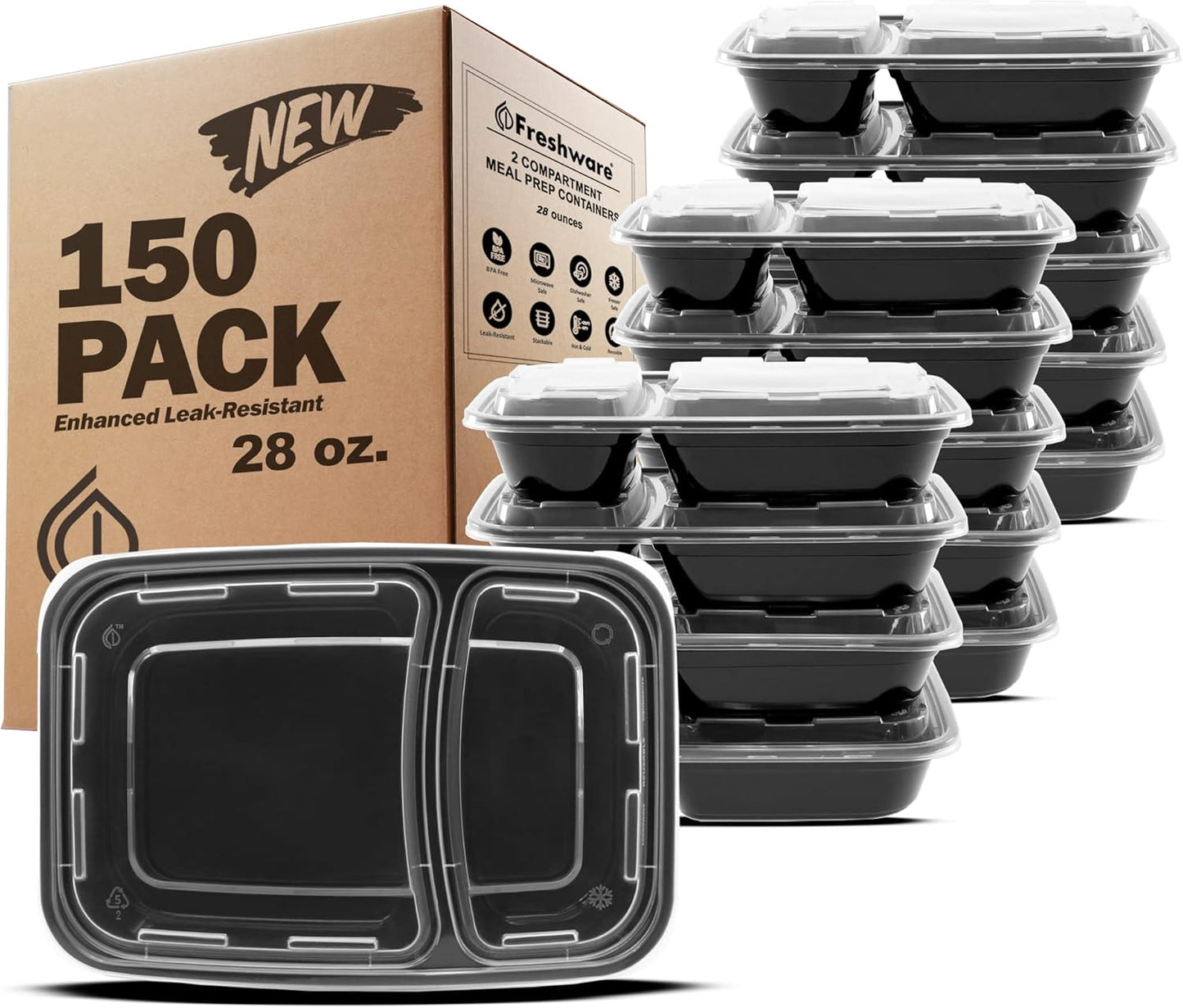 Freshware Meal Prep Containers 1 Compartment Food Storage Containers with Lids, Bento Box, BPA Free, Stackable, Microwave/Dishwasher/Freezer Safe (28 oz), 50 Count (Pack of 1)