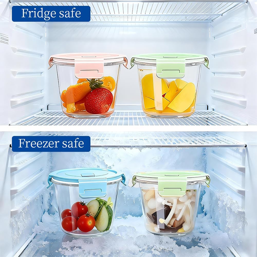 Small Round Glass Food Storage Containers with Lids, 1.5 Cup Round Food Containers set BPA-Free, 12oz Glass Lunch Bowls for Soup Leftover, Microwave, Dishwasher and Freezer Safe (4pack)