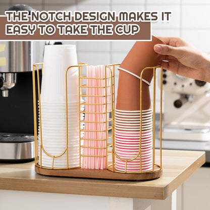 Geelin 18oz Adjustable Coffee Cup Dispenser with Wooden Base, Cup and Lid Holder, Cups Holder Organizer for Coffee Pod Straw and Lid Storage(2-compartment Single,Color 2)