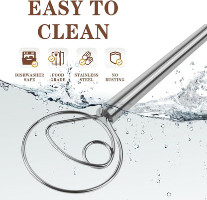 Hand Whisk Stainless Steel Dough Hook Dutch Whisk for Sourdough Bread Dough Mixer Hand Wooden Handle Kitchen Whisking Mixing Tool Bread Making Tools (1 eye)