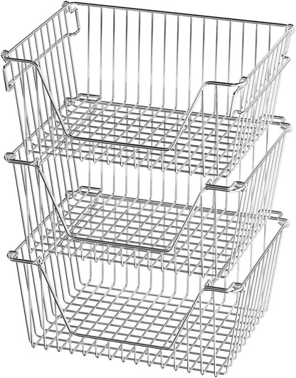 SANNO Black Stackable Wire Baskets Stacking Bins Stackable Basket for Vegetable Storage Pantry, Fridge, and Bathroom Organization,3pack
