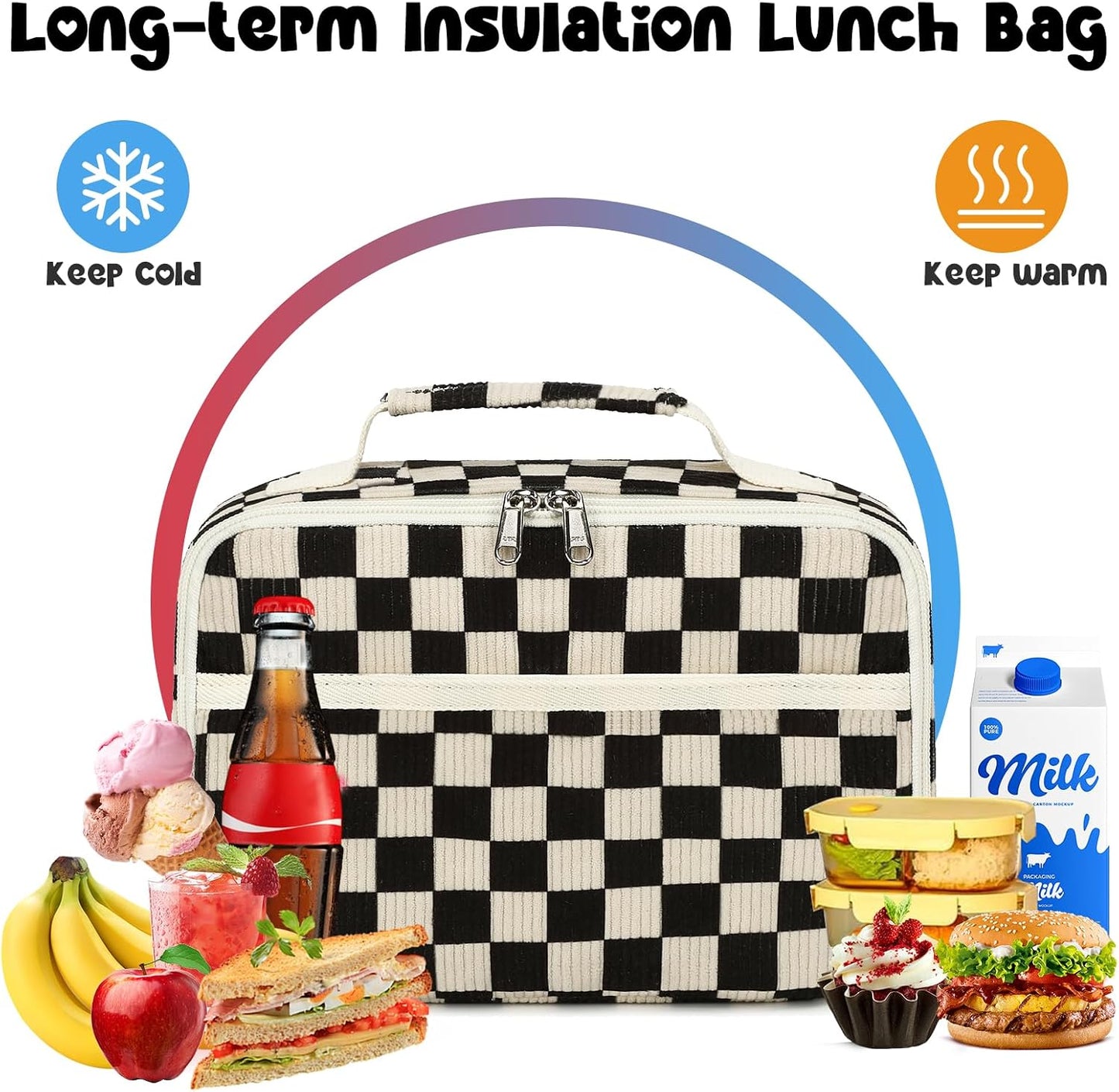 Bluboon Insulated Lunch Bag for Girls & Boys, Corduroy School Lunch Box with Cooler & Organizer Compartments, Leak-Proof Lunch Tote for School, Travel (Corduroy Strawberries Beige)