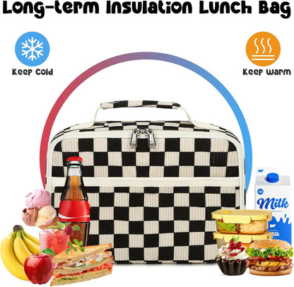 Bluboon Insulated Lunch Bag for Girls & Boys, Corduroy School Lunch Box with Cooler & Organizer Compartments, Leak-Proof Lunch Tote for School, Travel (Corduroy Strawberries Beige)