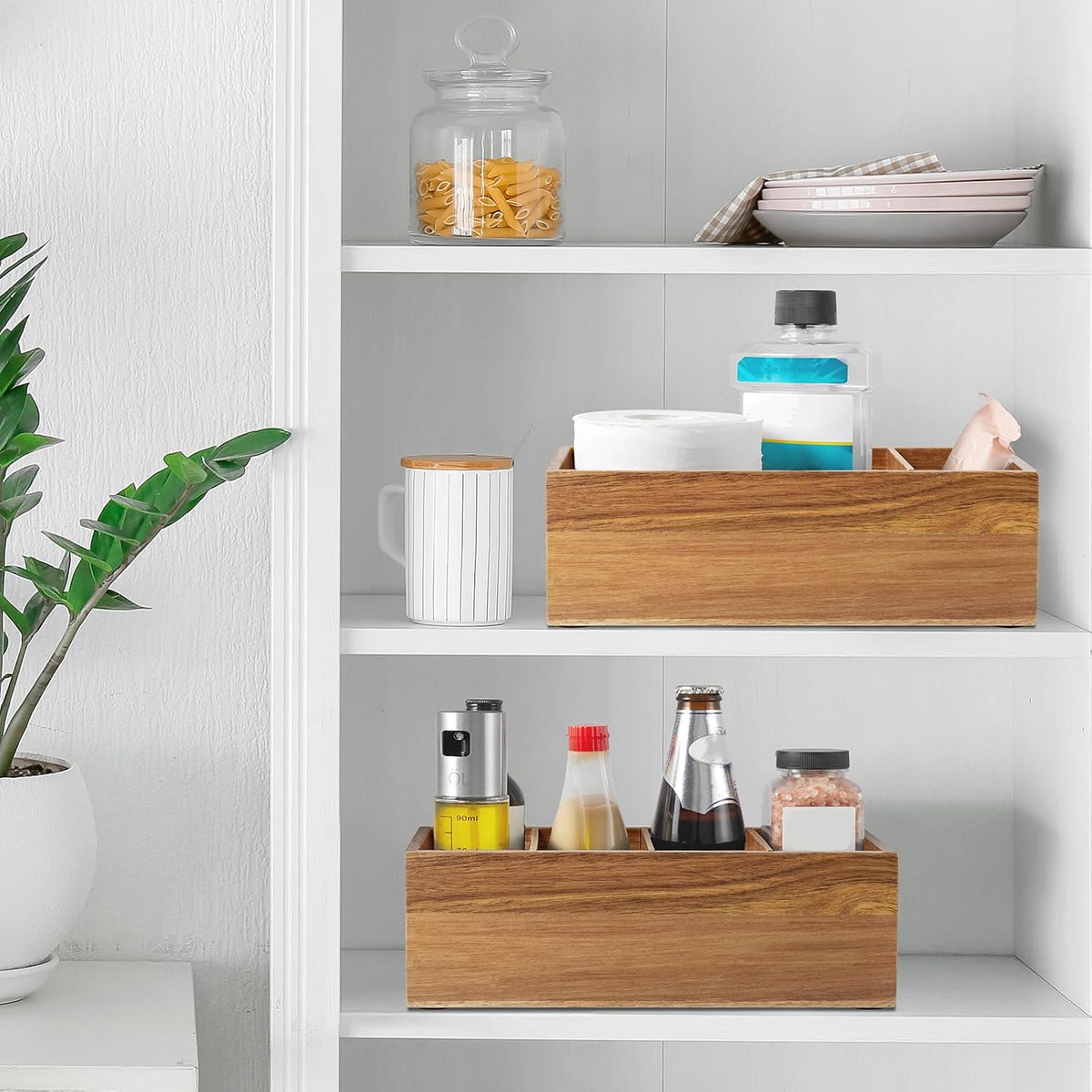DRASTAR Pantry Organization and Storage Bins, Large Snack Organizer with Removable Dividers, Wooden Storage Caddy for Kitchen, Pantry, Cabinet, Countertop, Black