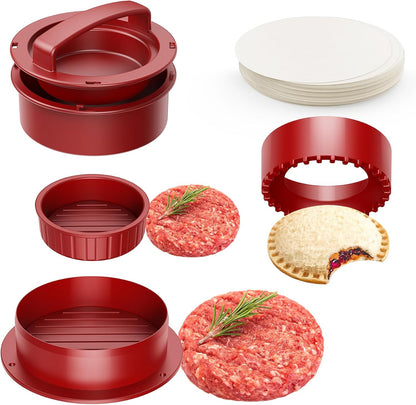 Pisol Hamburger Press, 4-in-1 Burger Press Patty Maker Slider, Stuffed Burgers Sandwich Cutter, Meat Beef Veggie Hamburger Patty Mold with 100 pcs Wax Disc Papers