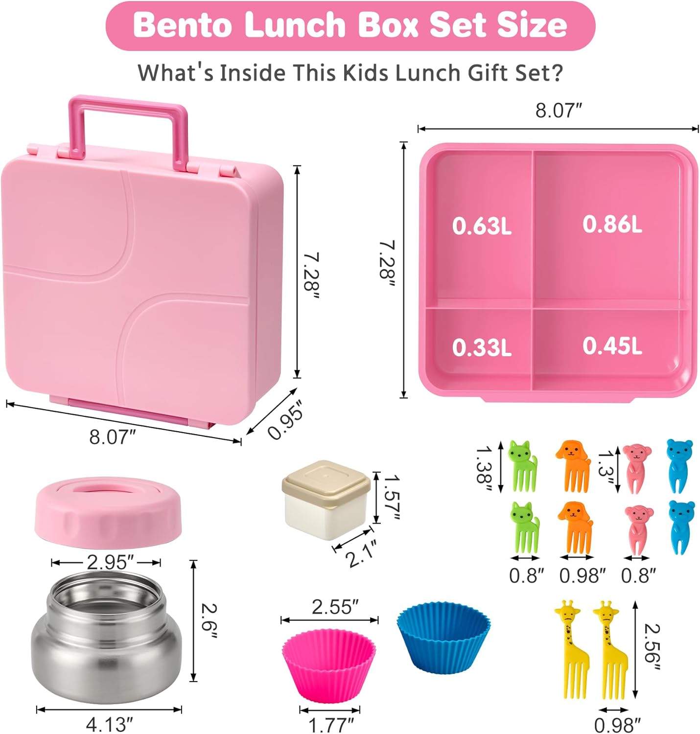 Bento Lunch Box with 9.5 oz Soup Thermo, Kids Leakproof 4 Compartments Bento Box with Silicone Cupcake,Fruit Fork,Spoon and Sauce Cup,Insulated Food Jar for School Travel-Black