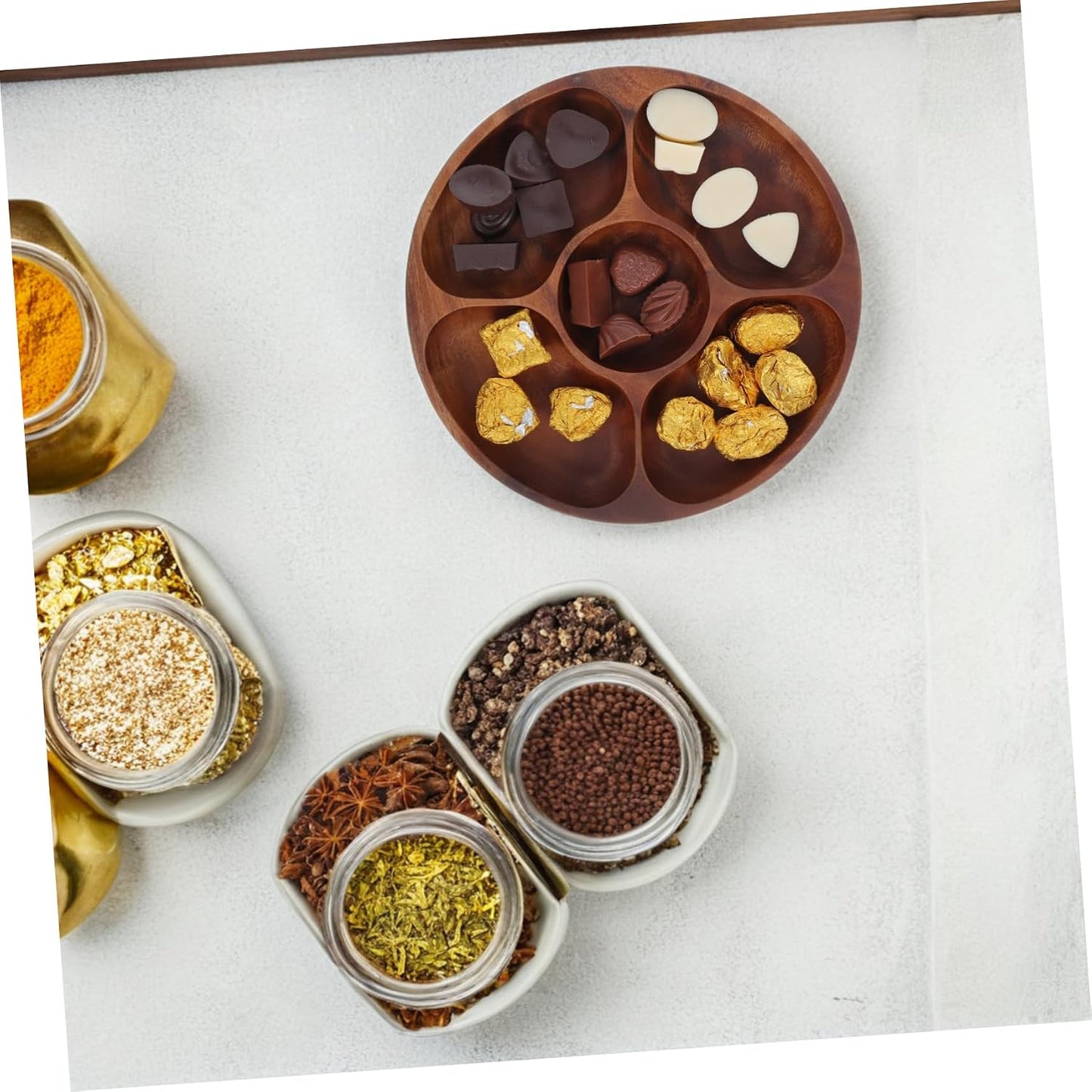 Cabilock Acacia Wood Round Snack Tray Section Serving Platter for Appetizers Fruits and Nuts Stylish Divided Design for Elegant Gatherings Easy to Clean and Maintain