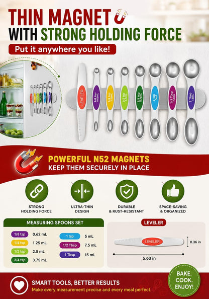 Magnetic Measuring Cups and Spoons Set304 Stainless Steel Dual Scale Set of 15, Strong N52 Magnetic Nesting Design with Leveler, for Dry&Liquid Ingredients, Dishwasher Safe(Colorful)