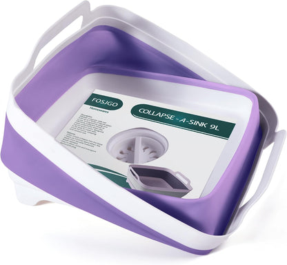 FOSJGO Collapsible Dish Basin with Drain Plug, Foldable Sink, 2.4 Gal (9L)