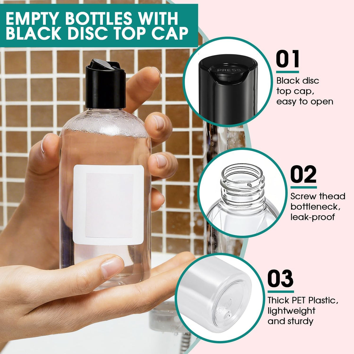 3Pcs 16 oz Clear Plastic Refillable Travel Bottles with Black Disc Top Caps