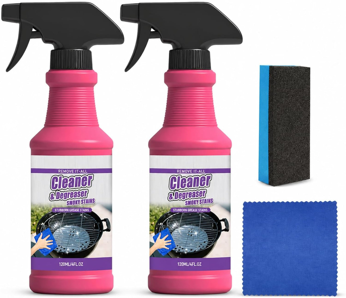 BBQ Grill Cleaner Spray, Heavy Duty Grill Degreaser for Grease, Burnt Food & Smoky Stains, Stainless Steel Cleaner for Outdoor Grill, Grates, Stove Top, Range Hood & Kitchen Surfaces, 120ml (2PCS)