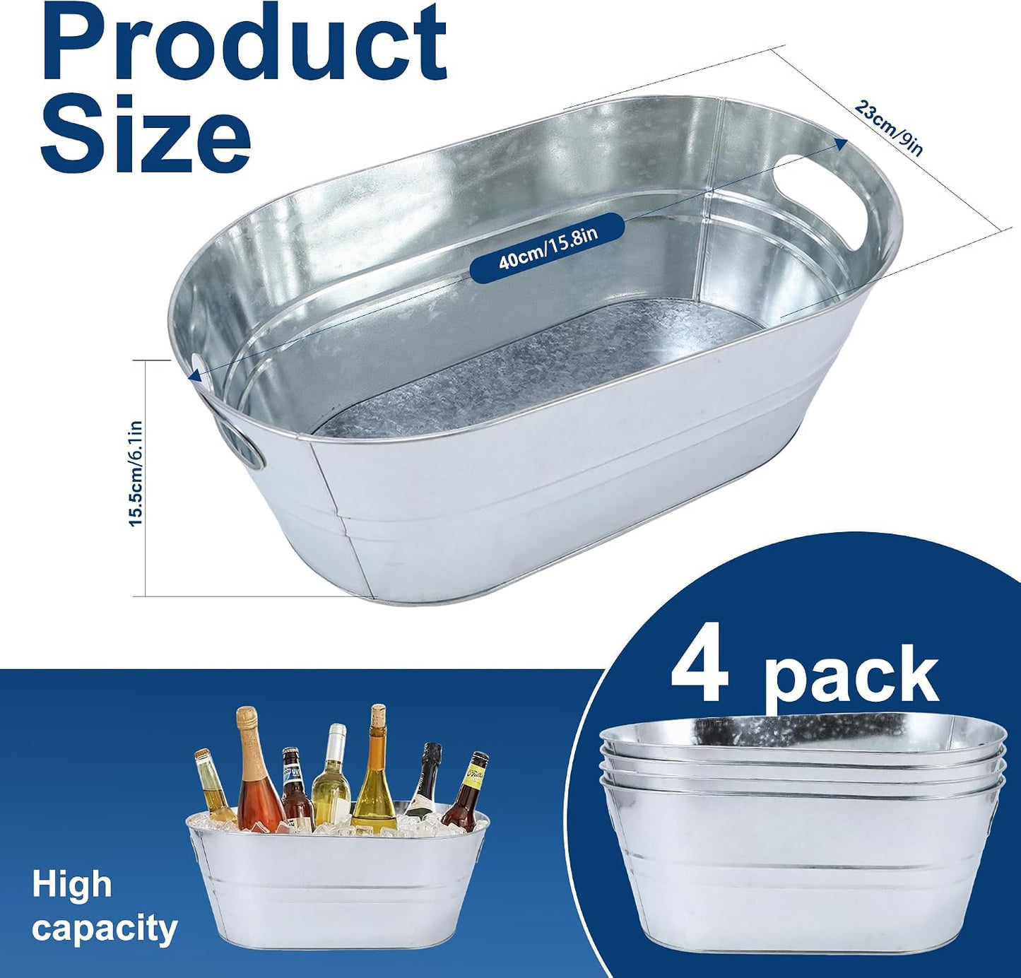 4 Pack 3 Gallon Galvanized Tub, Ice Buckets for Parties, Beverage Tubs for Parties, Metal Drink Buckets for Parties with Carry Handles, Champagne Wine Beer Cooling Tub, Mimosa Bar Supplies