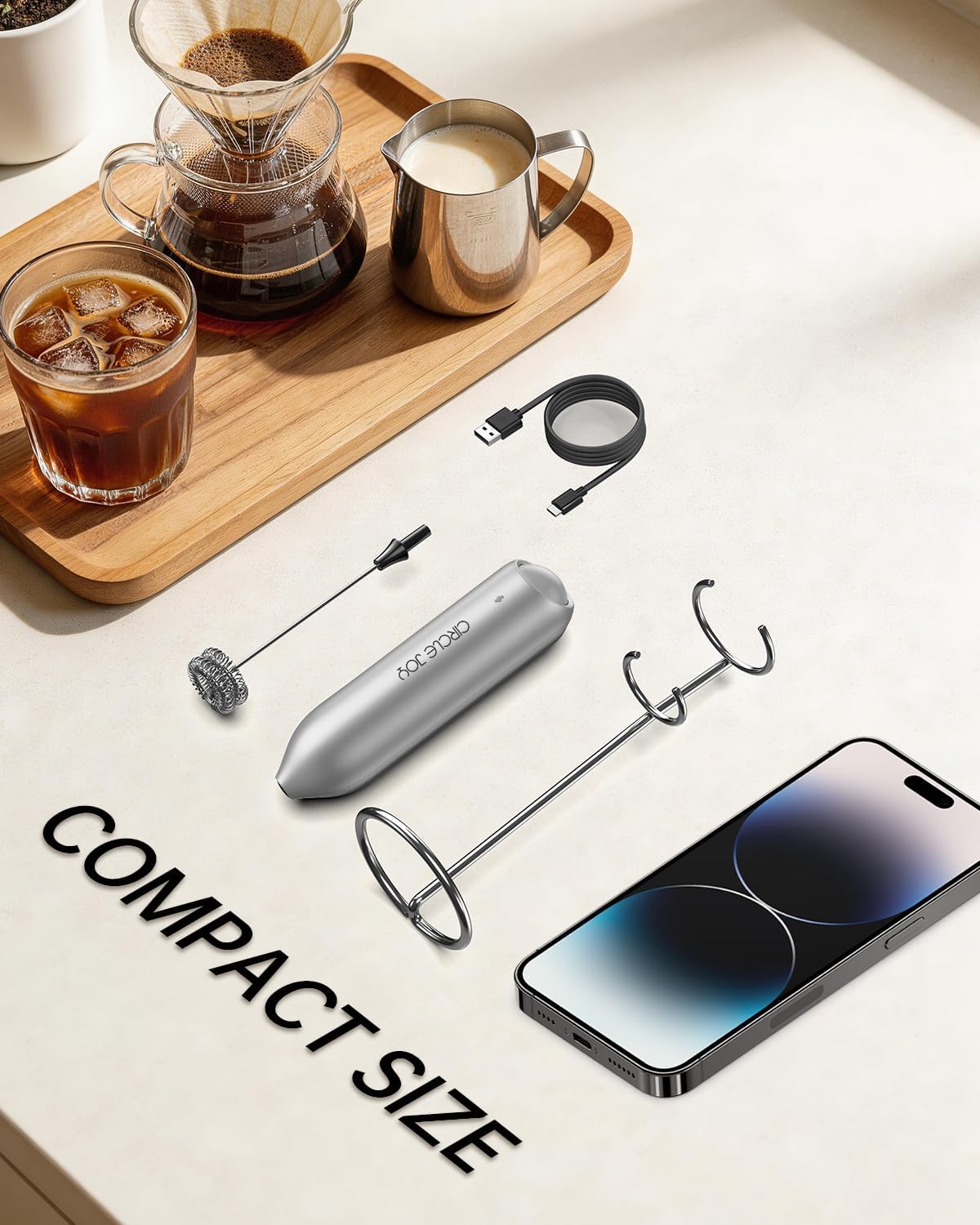 CIRCLE JOY Rechargeable Milk Frother Handheld with Stand, Dual Spring Whisk Head Electric Coffee Frother Foam Maker, Portable Drink Mixer for Cappuccino, Latte, Matcha, Black